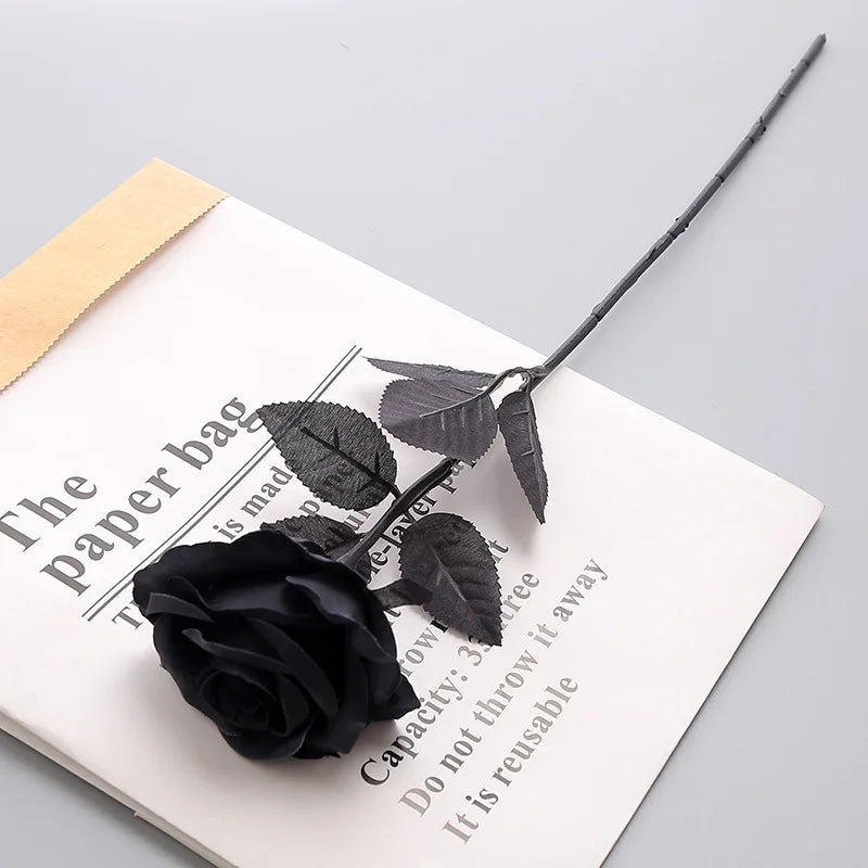 Black Silk Artificial Rose Flower Branch Set - Halloween Gothic Wedding Home Party Decor