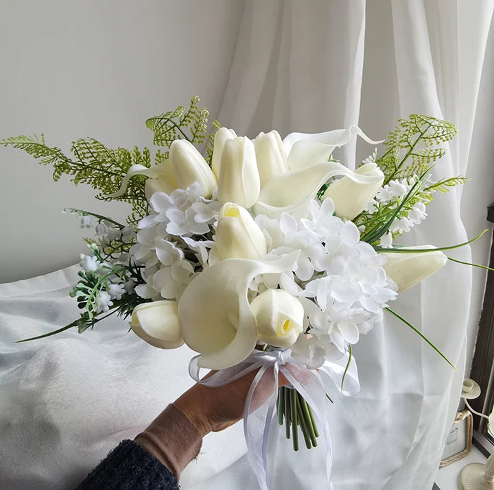 Elegant White Tulip Bridal Wedding Bouquet with Artificial Flowers