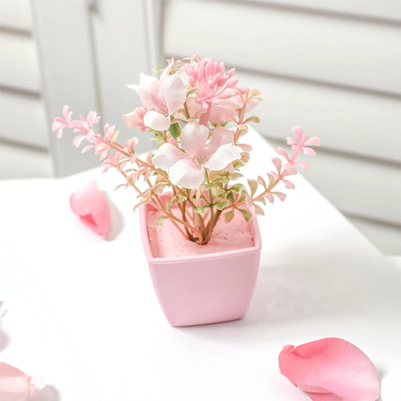 Mini Pink Artificial Flower Bonsai Set - Desktop Shelf Decor