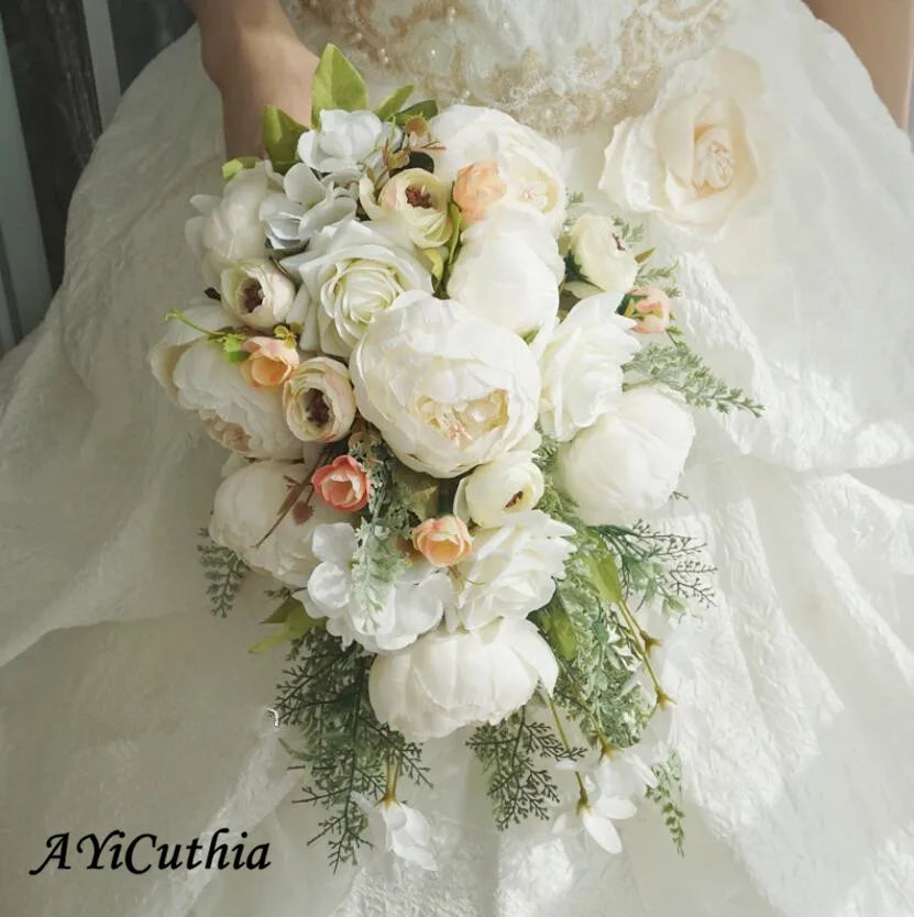 Elegant White Waterfall Wedding Bouquet with Crystal Roses