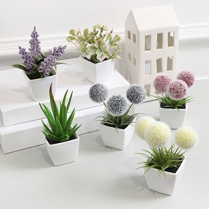 Mini Evergreen Artificial Plant Set - Set of 6 Small Potted Plants for Home Decor