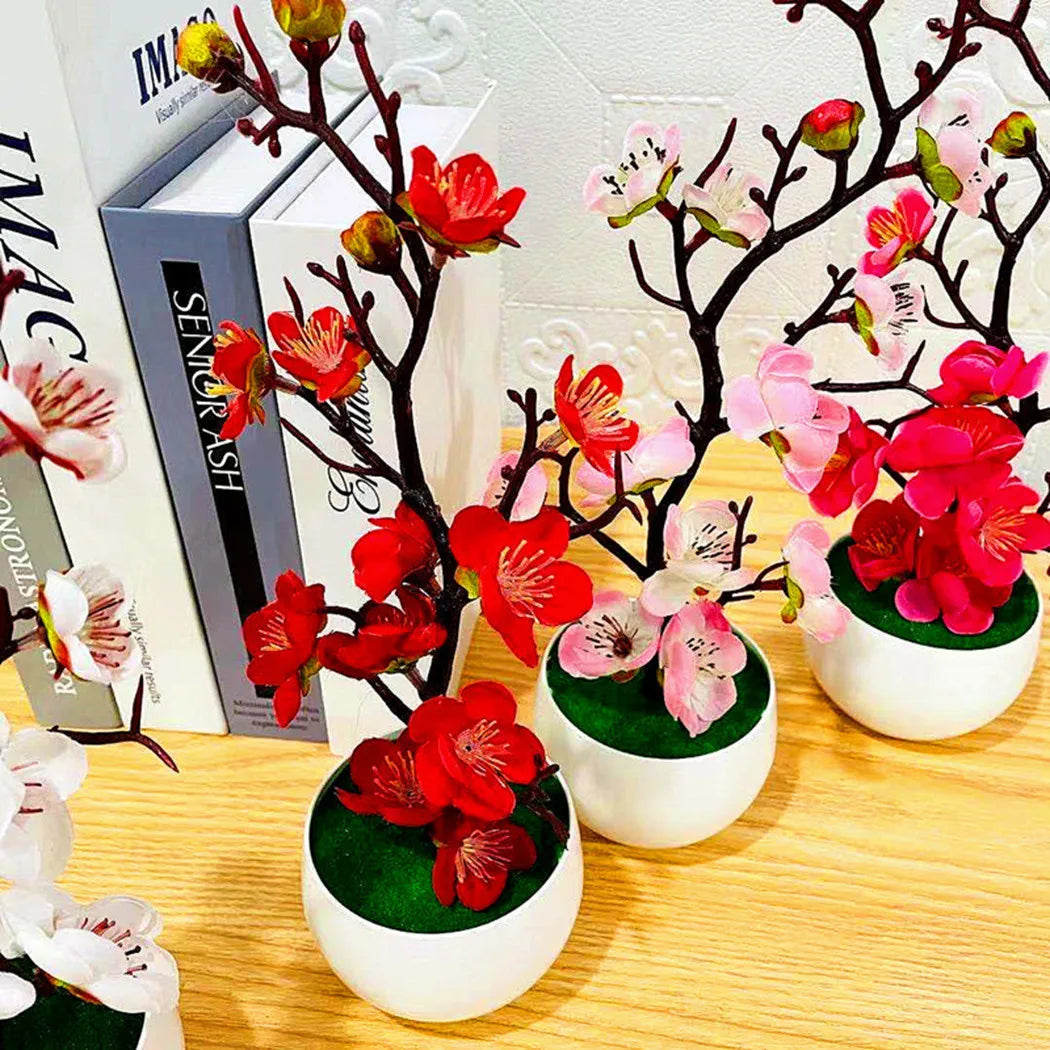 Lifelike Artificial Plum Blossom Bonsai Plant for Home and Office Beautification