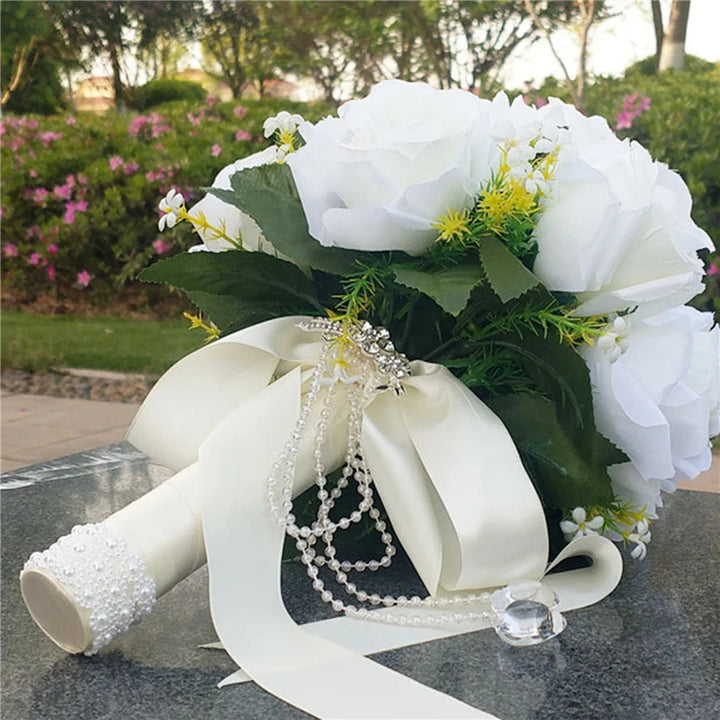 Elegant White Silk Floral Wedding Ensemble with Bride and Bridesmaid Accessories