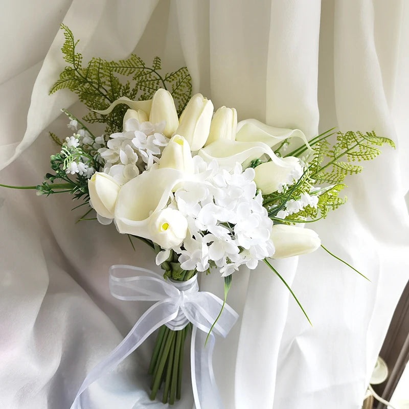 Elegant White Tulip Bridal Wedding Bouquet with Artificial Flowers