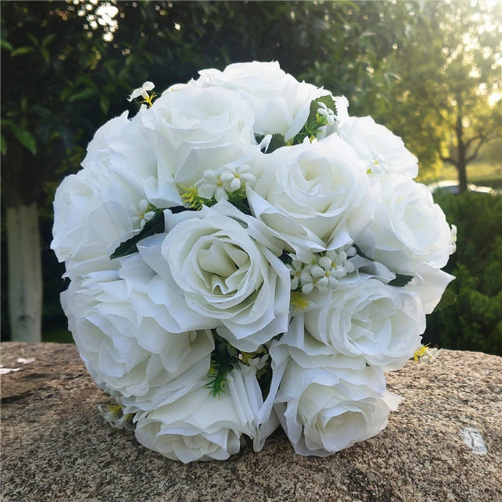 Elegant White Silk Floral Wedding Ensemble with Bride and Bridesmaid Accessories