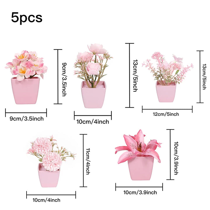 Mini Pink Artificial Flower Bonsai Set - Desktop Shelf Decor