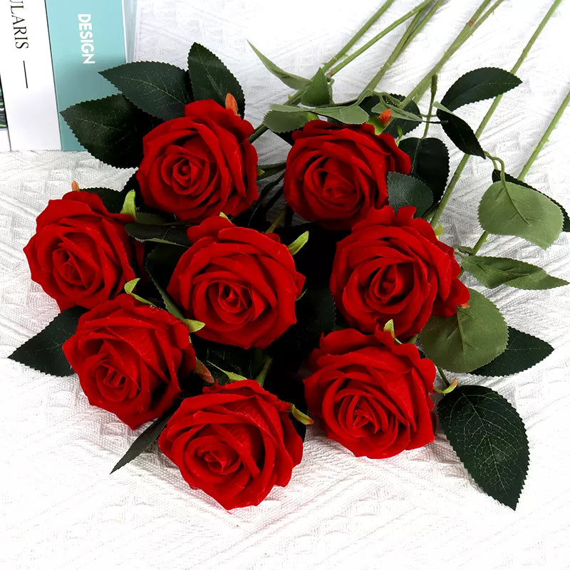 Red Velvet Fake Rose Flower Bouquet - Set of 5 for Wedding and Home Decor