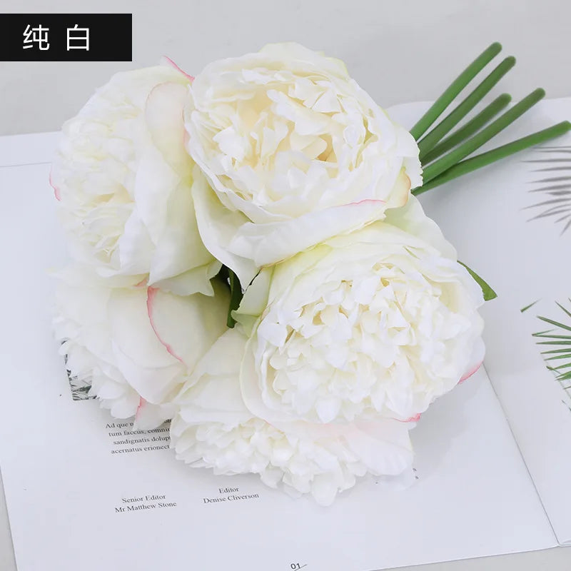 Artificial Silk Peony Flower Bouquet Bundle - Pack of 5 for Wedding Decor and Crafting