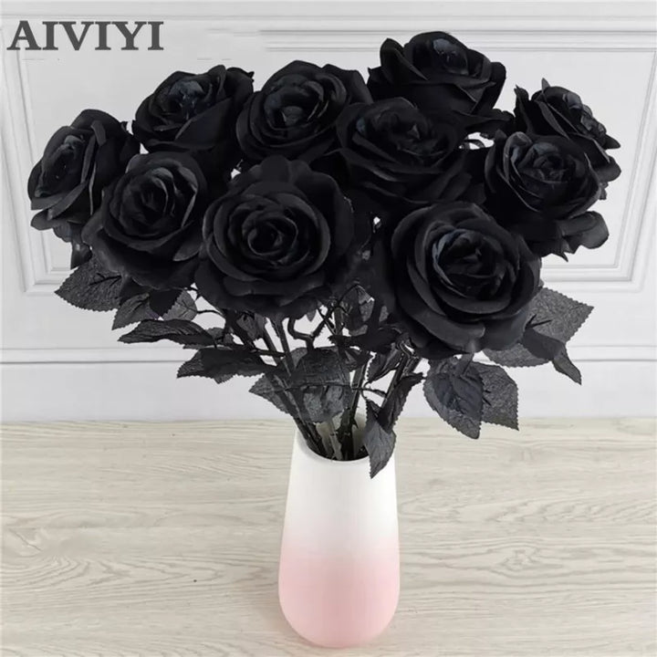 Silk Black Rose Artificial Flower Bouquet - Set of 5 with 8-9cm Flower Heads