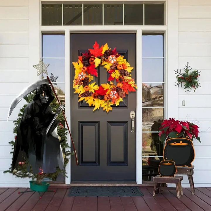 Autumn Elegance Maple Leaf and Pumpkin Harvest Wreath - Artificial Fall Holiday Decoration