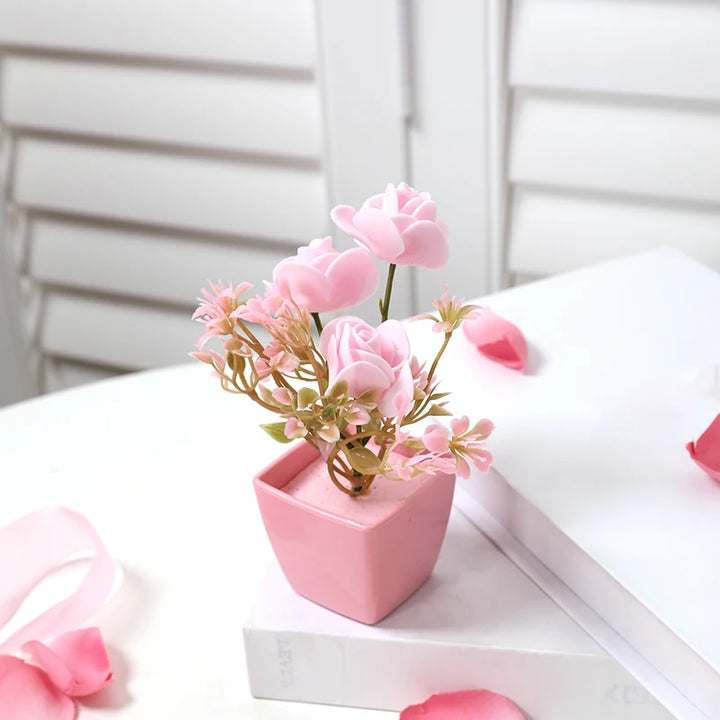 Mini Pink Artificial Flower Bonsai Set - Desktop Shelf Decor