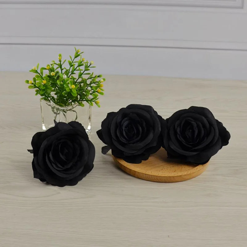 Silk Black Rose Artificial Flower Bouquet - Set of 5 with 8-9cm Flower Heads