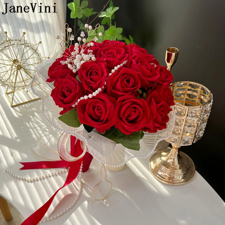 JaneVini Red Rose Pearl Bridal Bouquet - Elegant Artificial Wedding Flowers