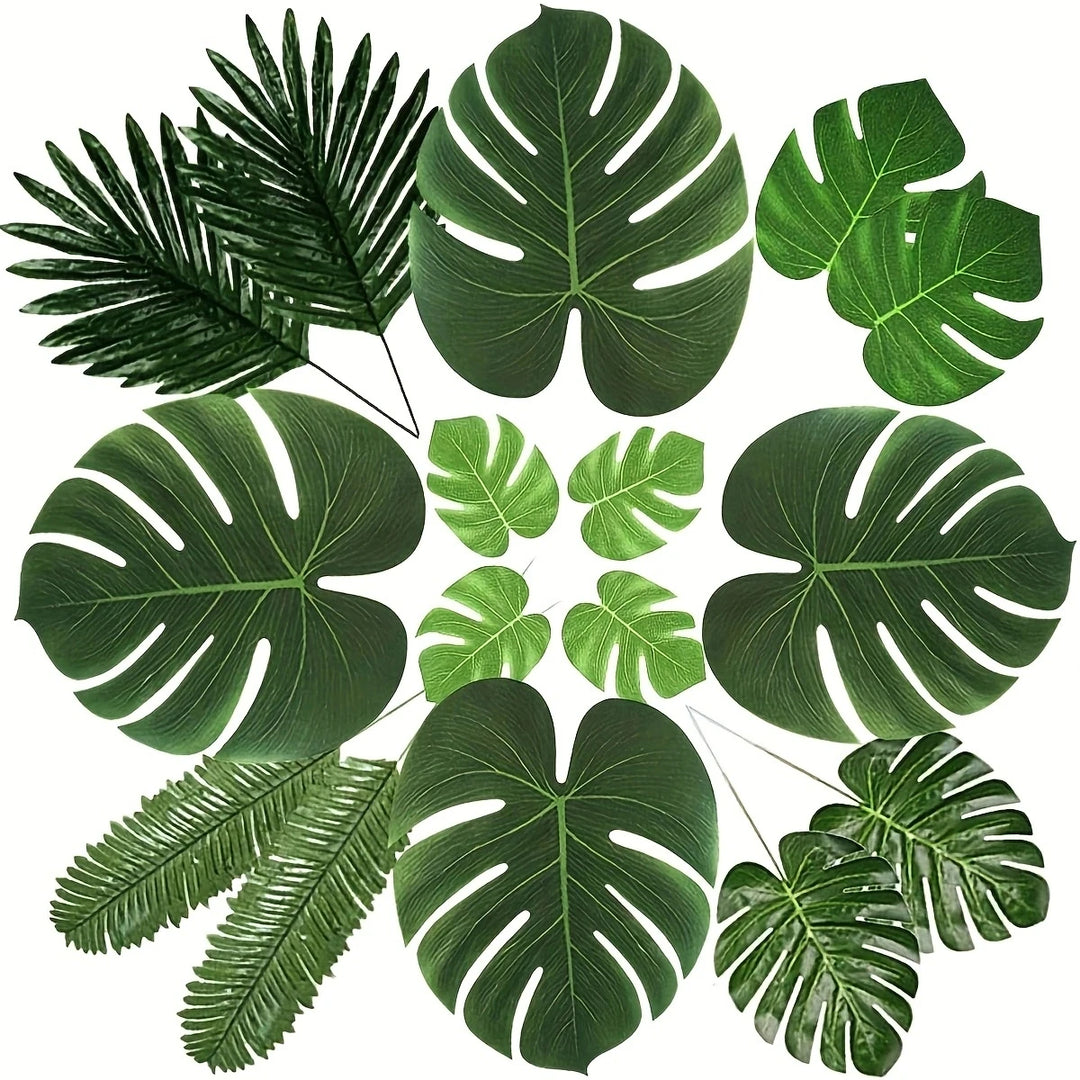 Tropical Palm Leaves Decor Set - 74 Pcs Artificial Golden Jungle Leaf Stems for Luau Party