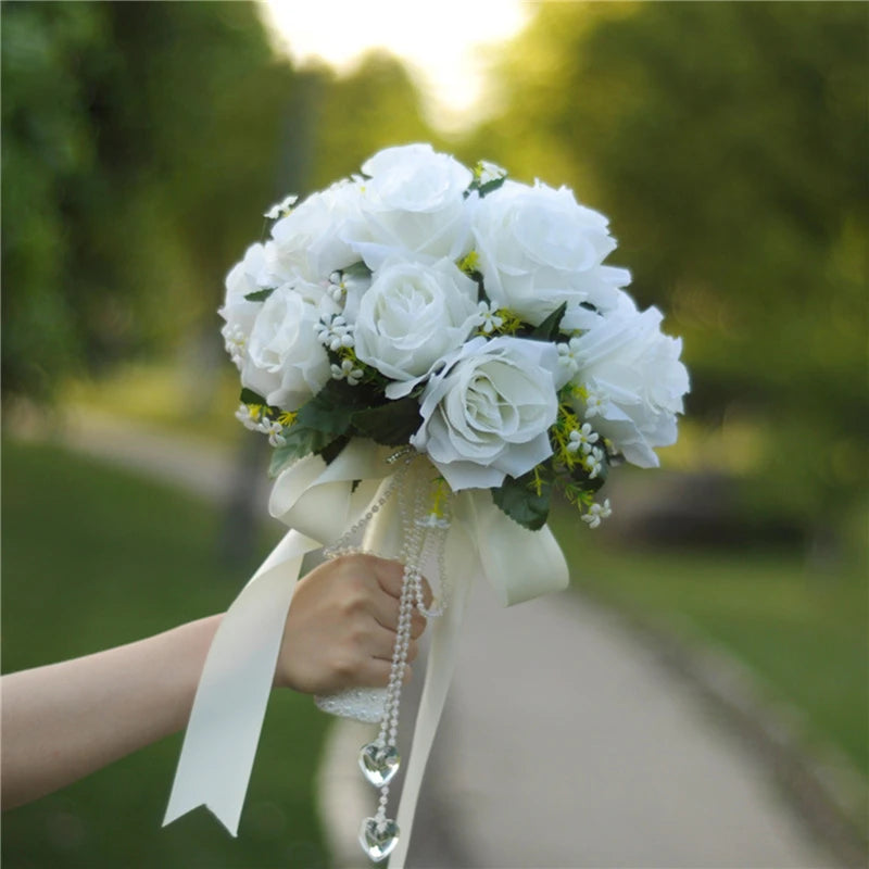 Elegant White Silk Floral Wedding Ensemble with Bride and Bridesmaid Accessories