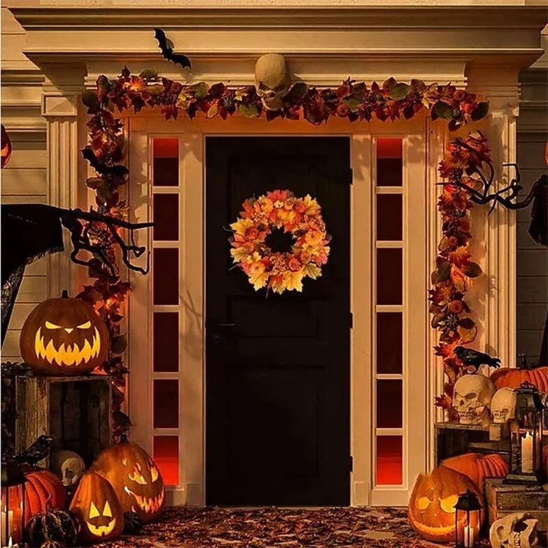 Autumn Elegance Maple Leaf and Pumpkin Harvest Wreath - Artificial Fall Holiday Decoration