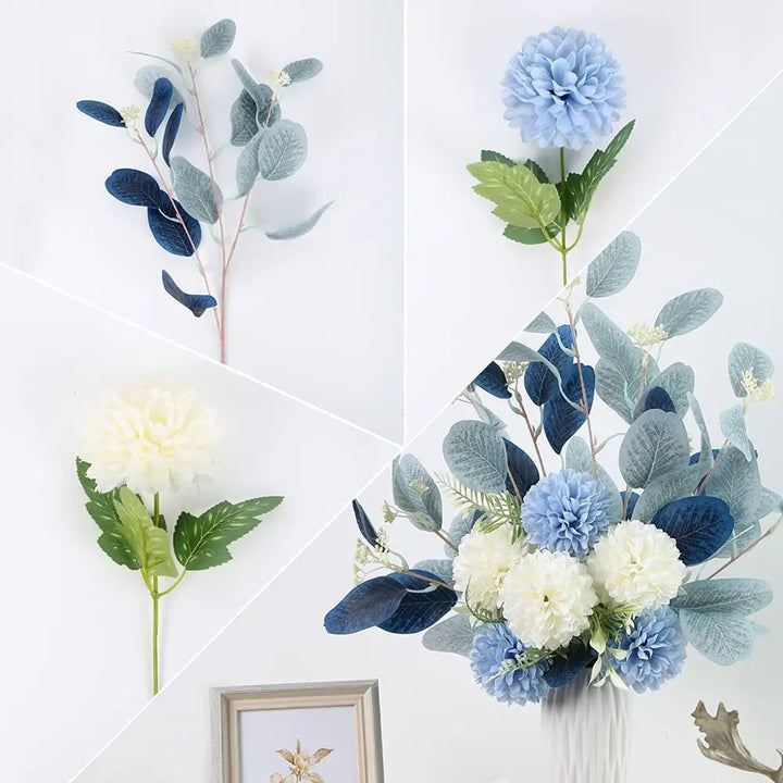 Blue and White Artificial Hydrangea Chrysanthemum Silk Flower Bouquet