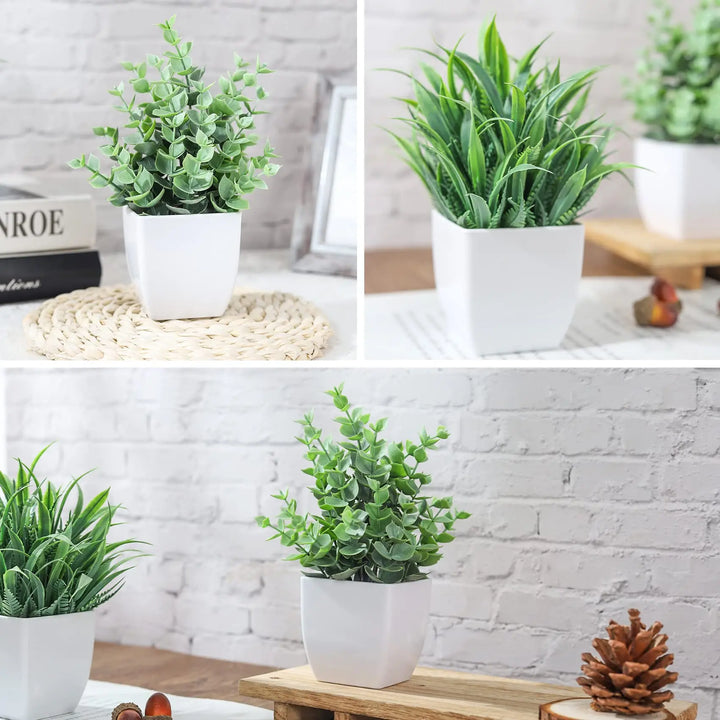 Mini Artificial Potted Plants Bundle - Set of 2 | Plastic Small Fake Plants for Home Decor